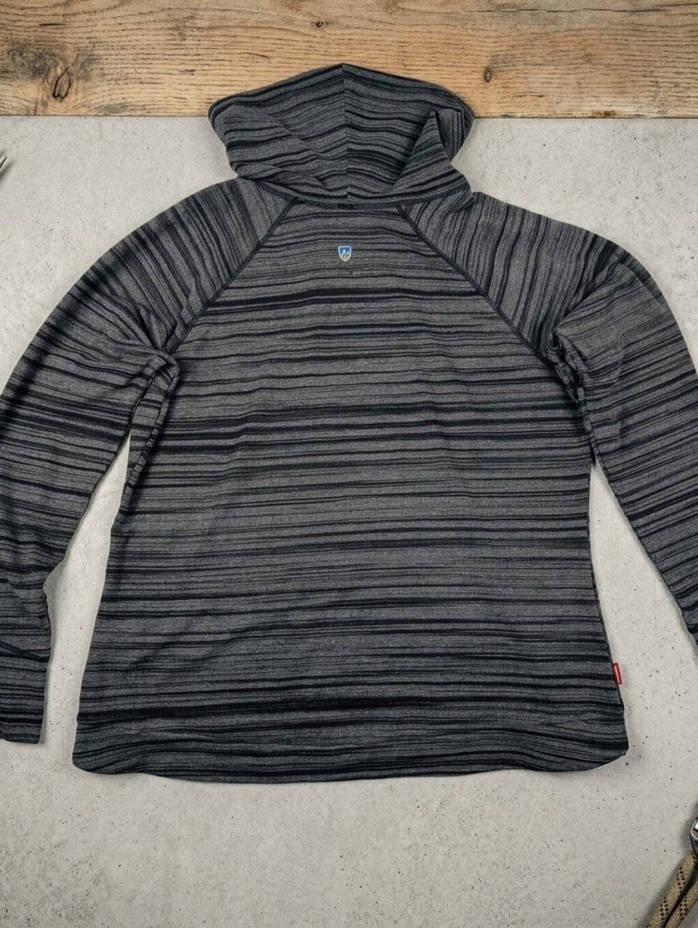 KUHL Womens Striped Cowl Neck Long Sleeve Top Pullover Grey Black Granola Girl